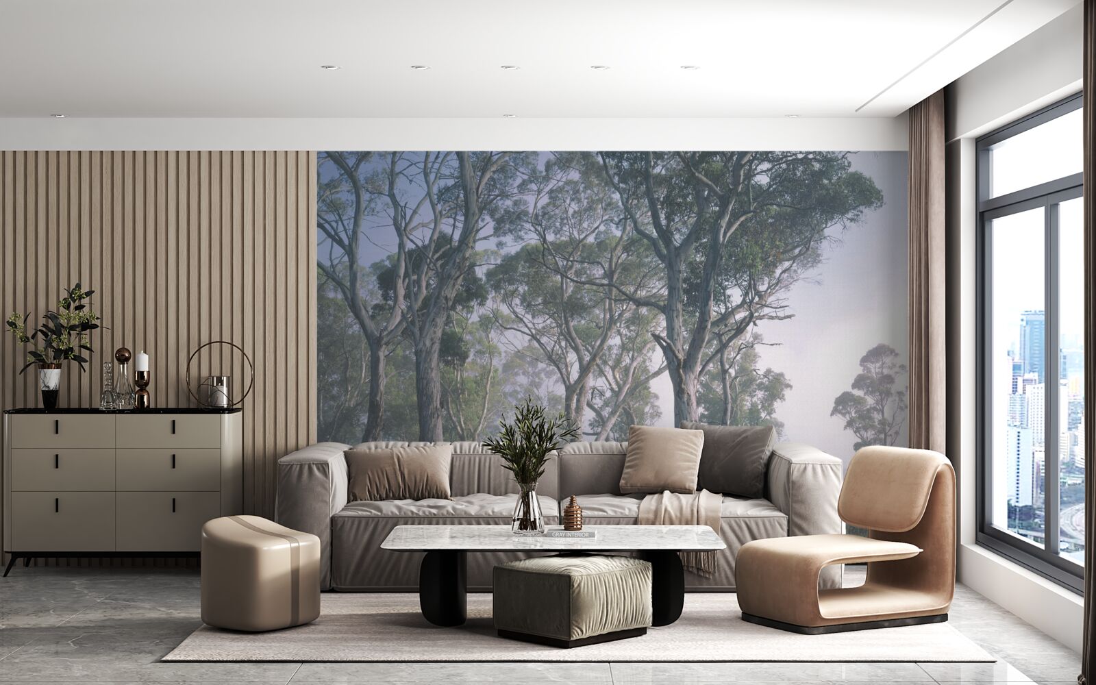 Fototapet dimineața se trezește într-o pădure cețoasă