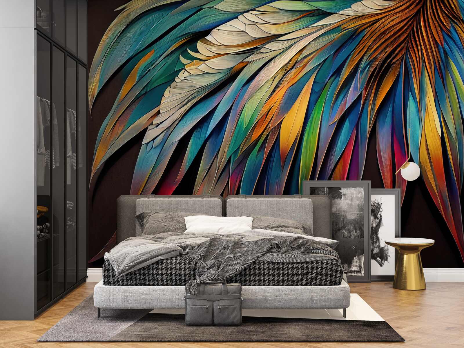 Fototapet frunze de palmier de noapte pictate în culorile curcubeului