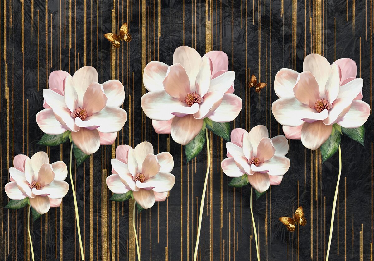 Fototapet fluturi și flori pe un fundal negru auriu