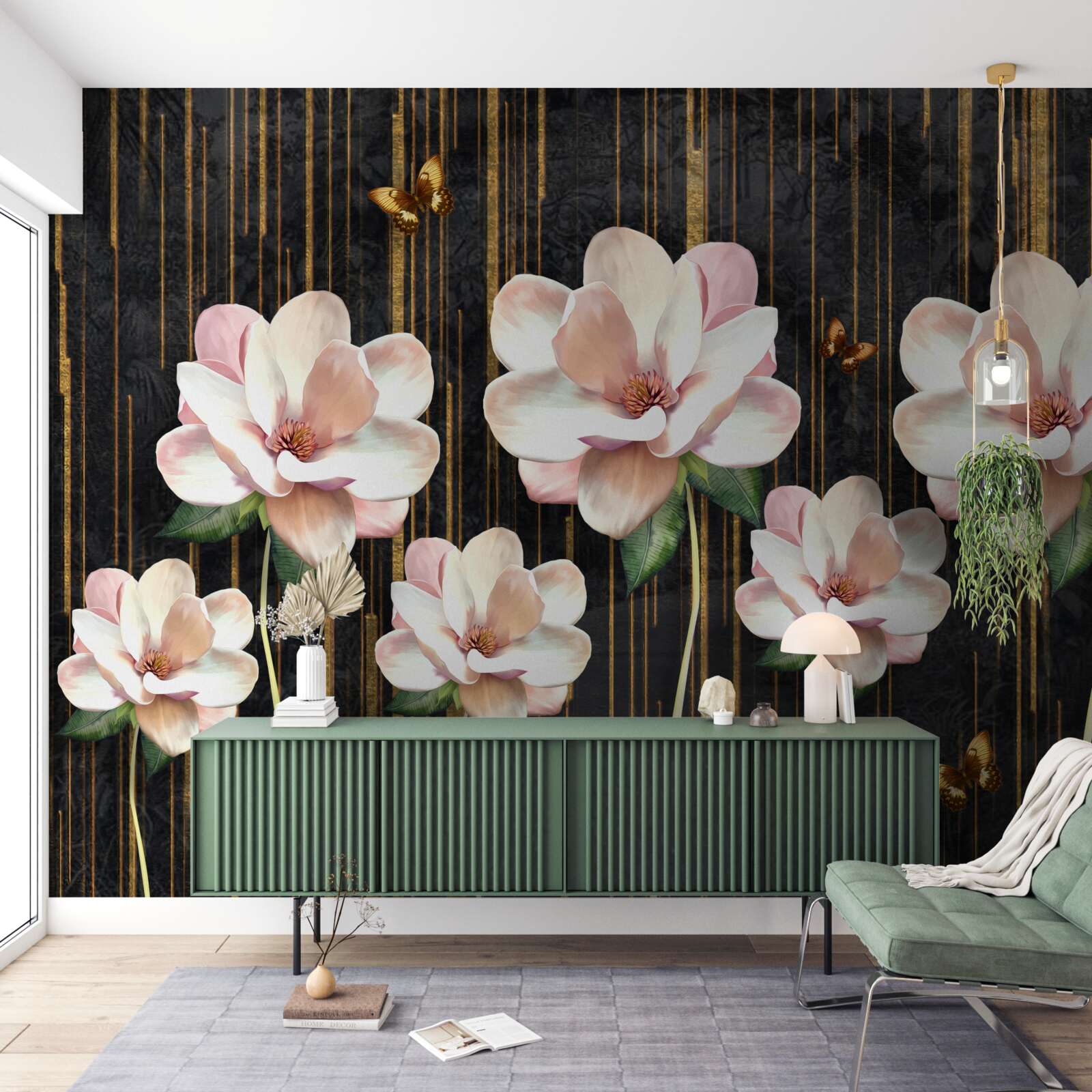 Fototapet fluturi și flori pe un fundal negru auriu