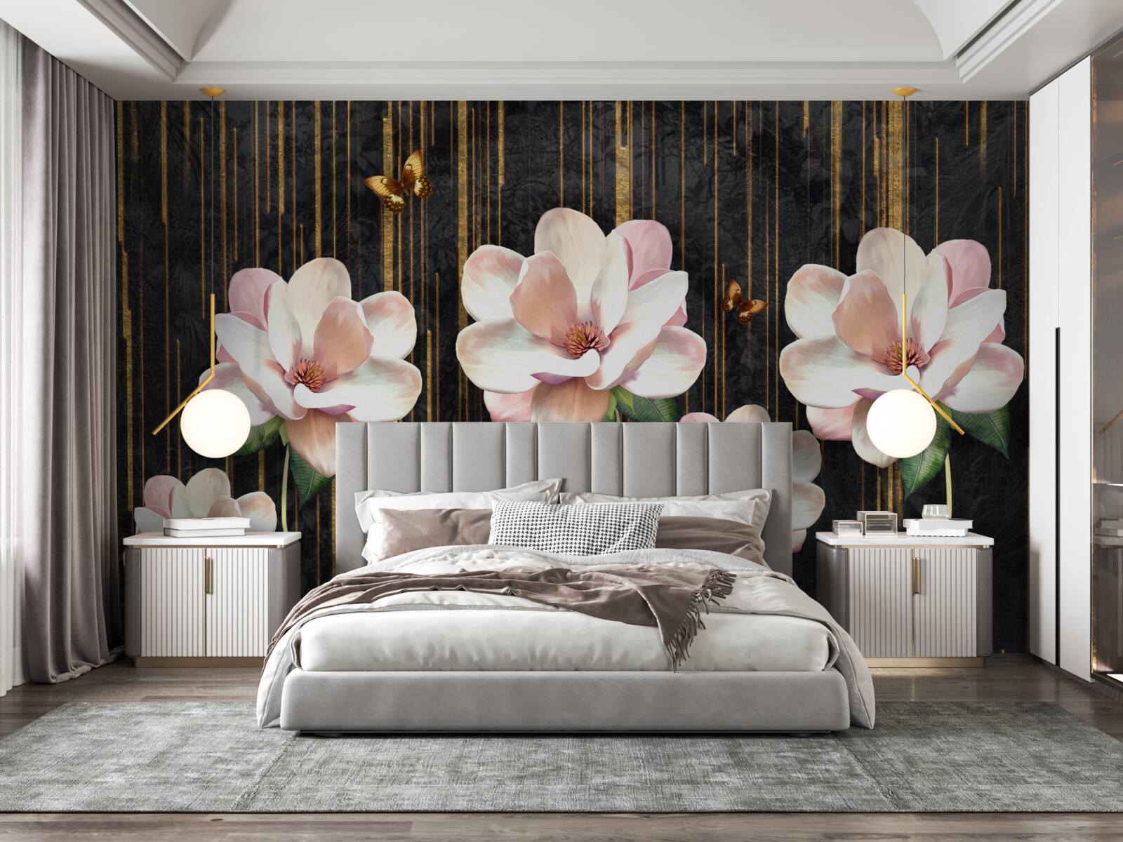 Fototapet fluturi și flori pe un fundal negru auriu