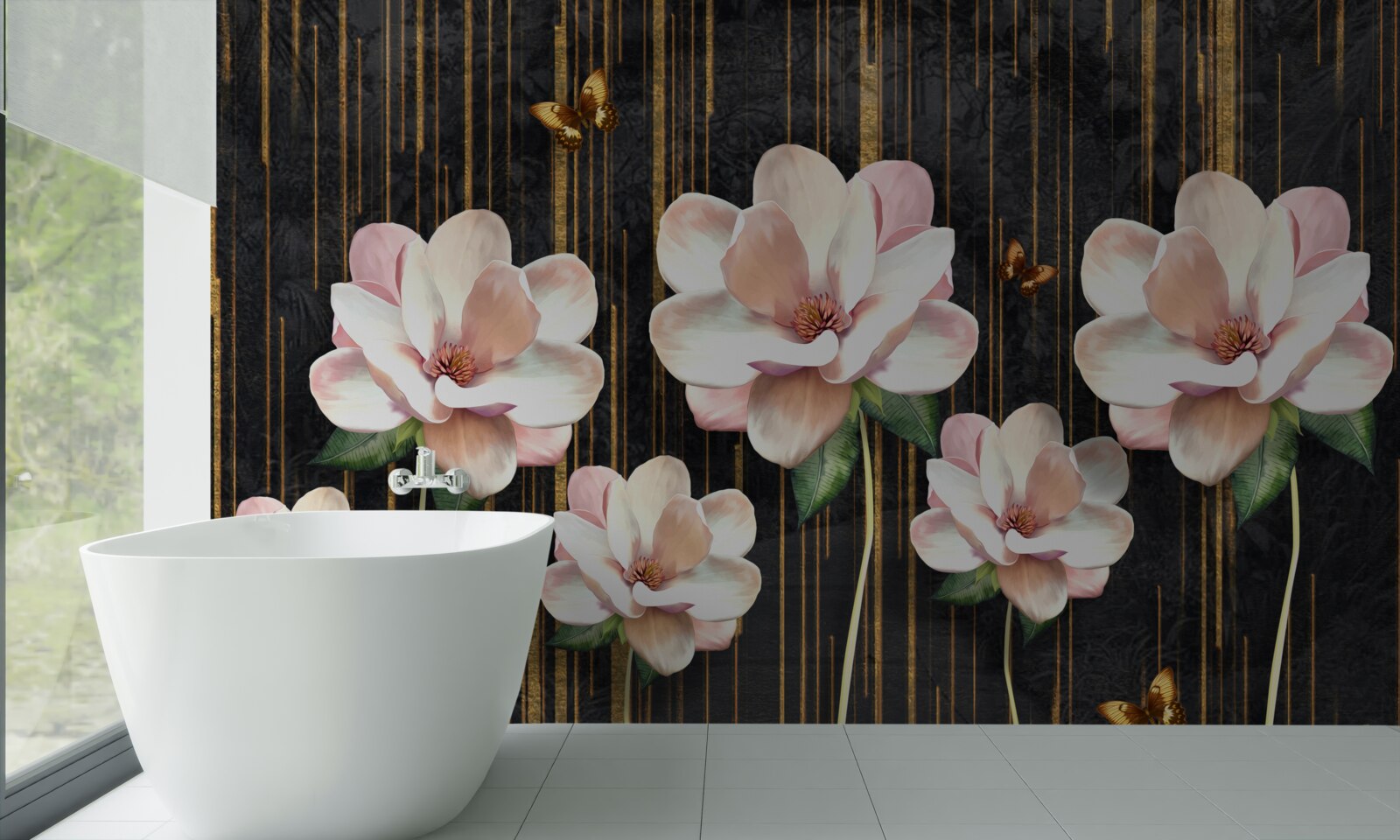 Fototapet fluturi și flori pe un fundal negru auriu