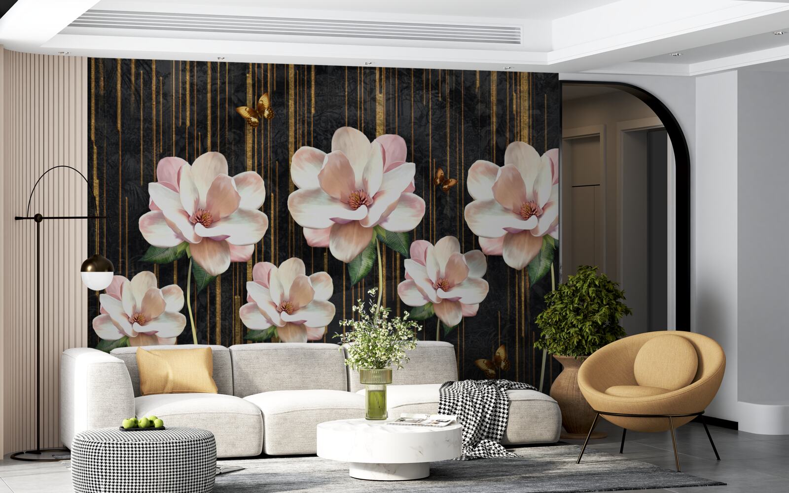 Fototapet fluturi și flori pe un fundal negru auriu