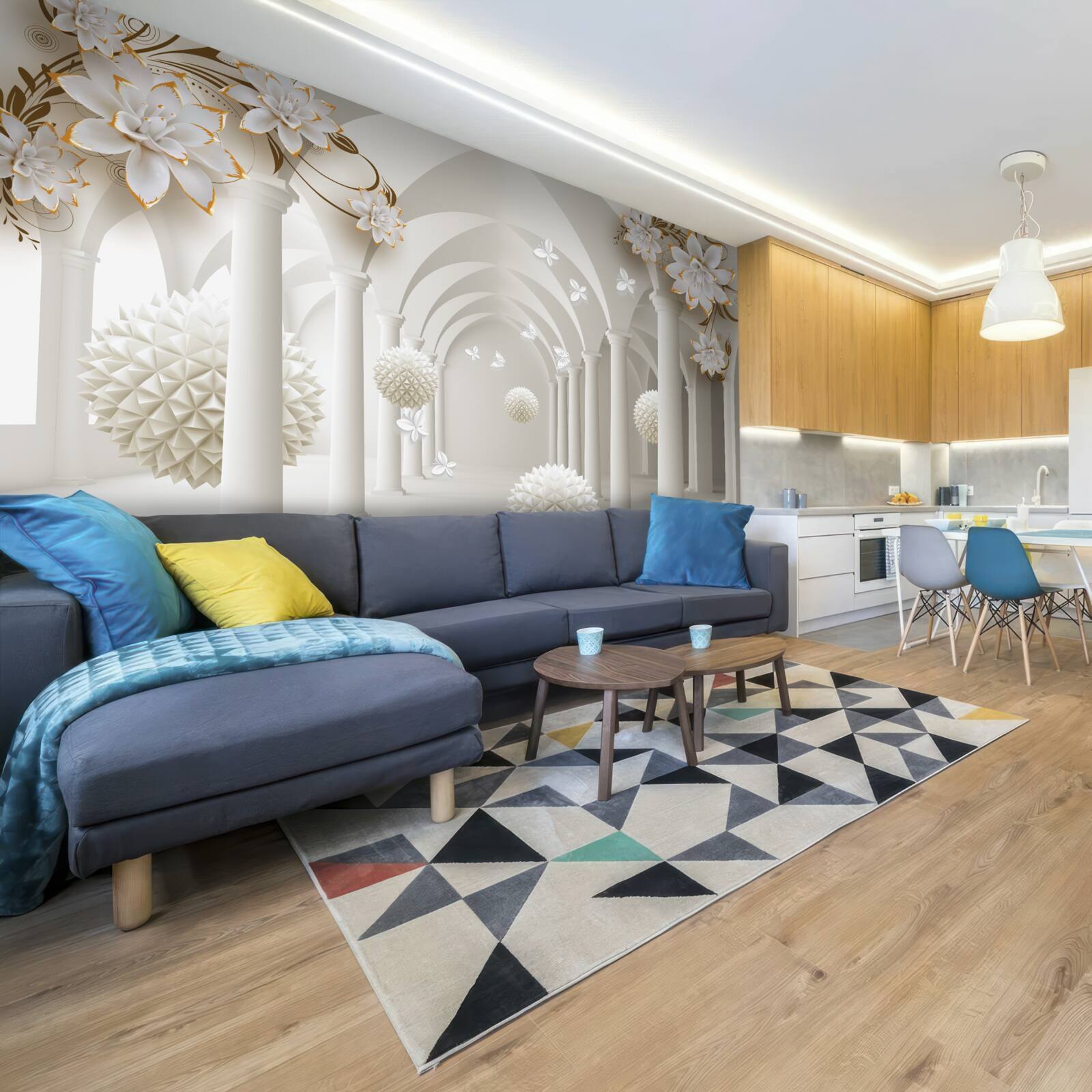 Fototapet Coridor în stil gotic decorat cu bile plutitoare și flori