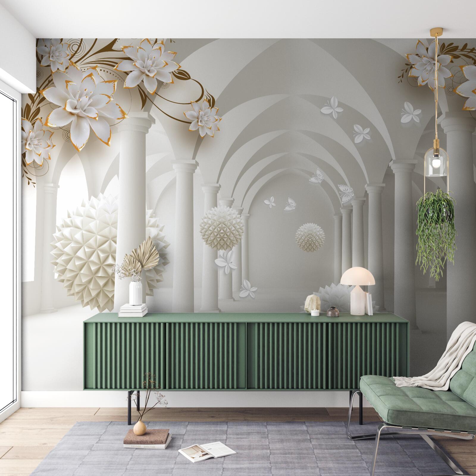 Fototapet Coridor în stil gotic decorat cu bile plutitoare și flori