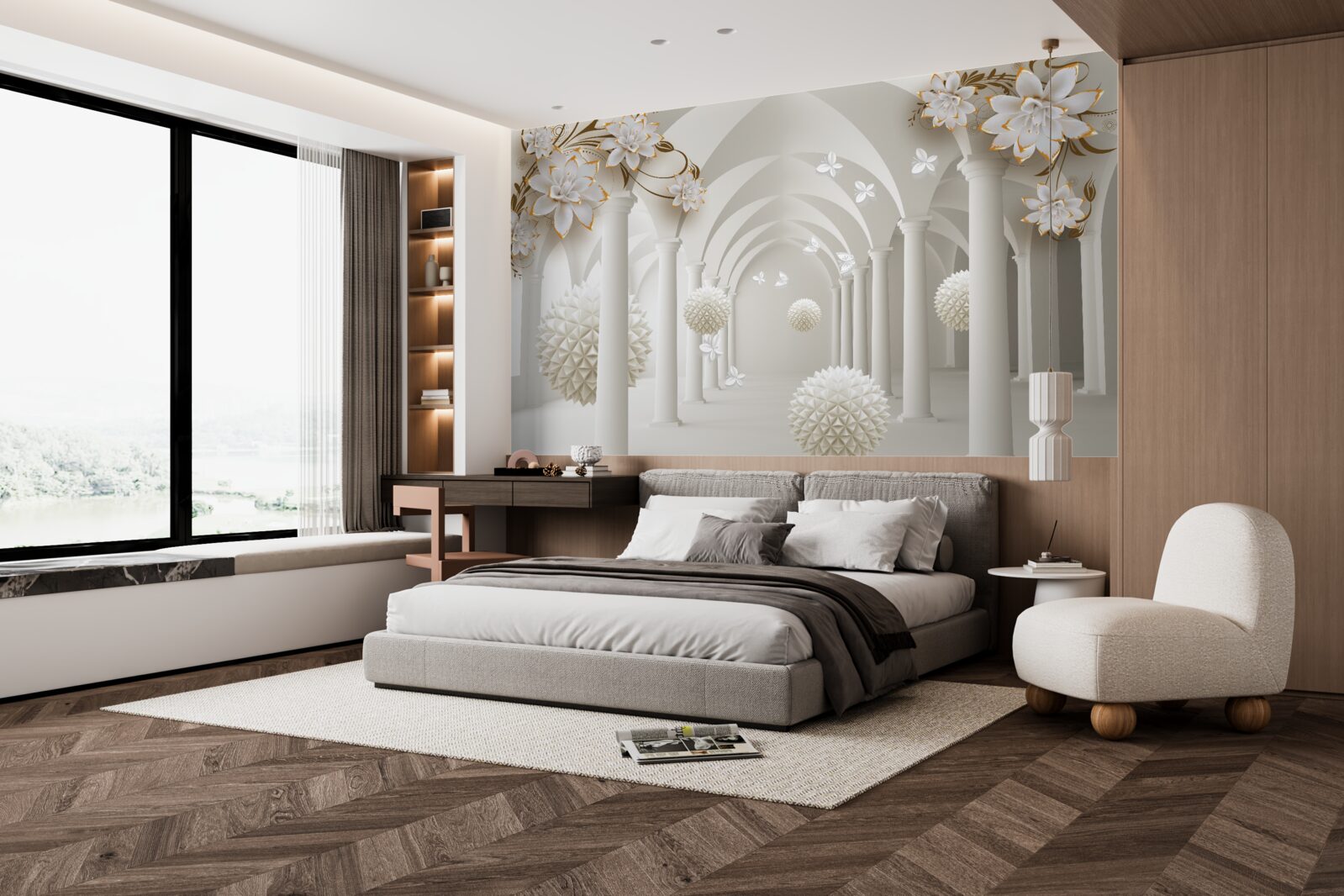 Fototapet Coridor în stil gotic decorat cu bile plutitoare și flori