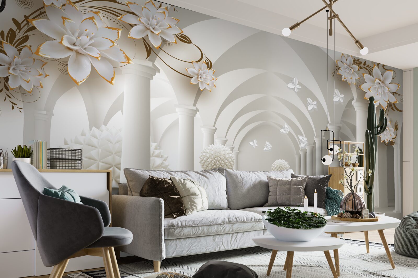 Fototapet Coridor în stil gotic decorat cu bile plutitoare și flori