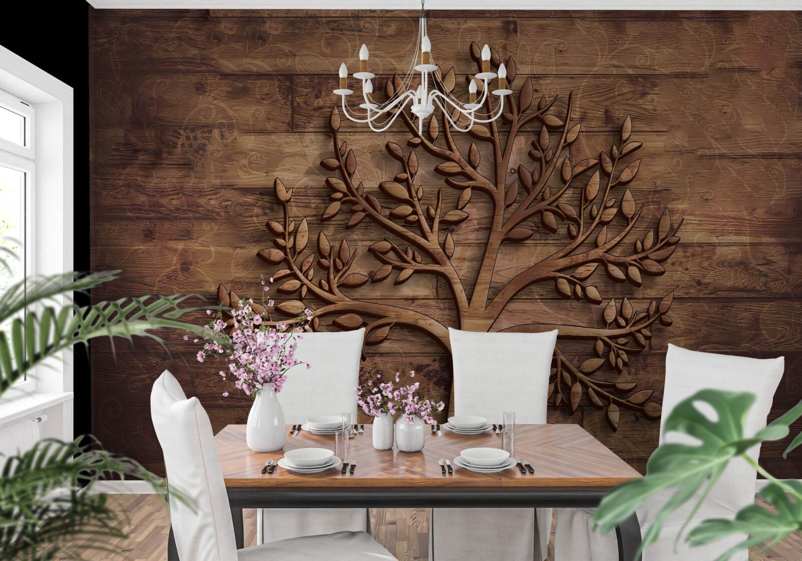 Fototapet copac de foioase pe un fundal de lemn