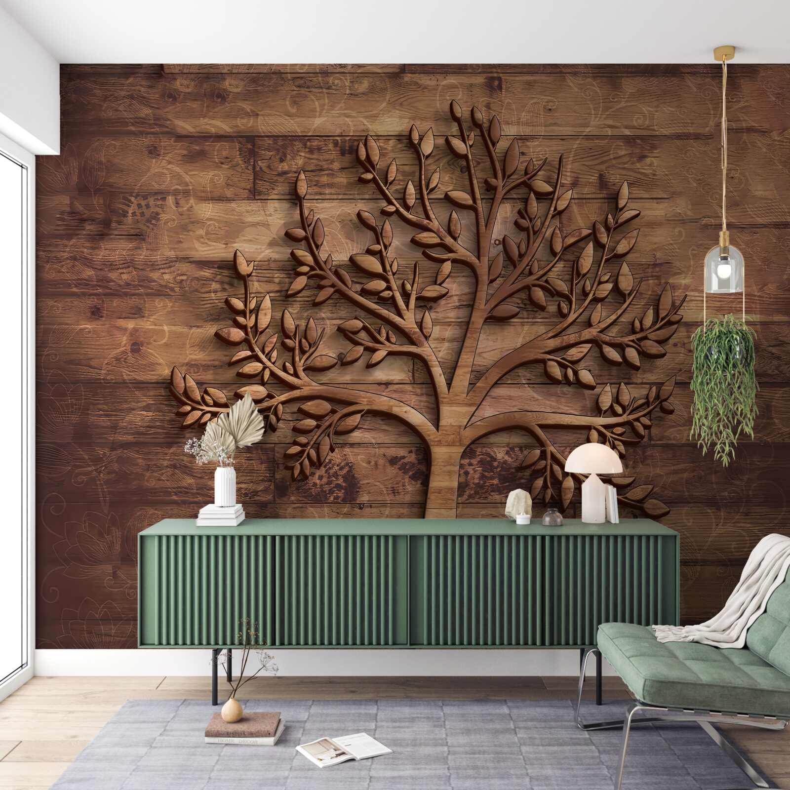 Fototapet copac de foioase pe un fundal de lemn