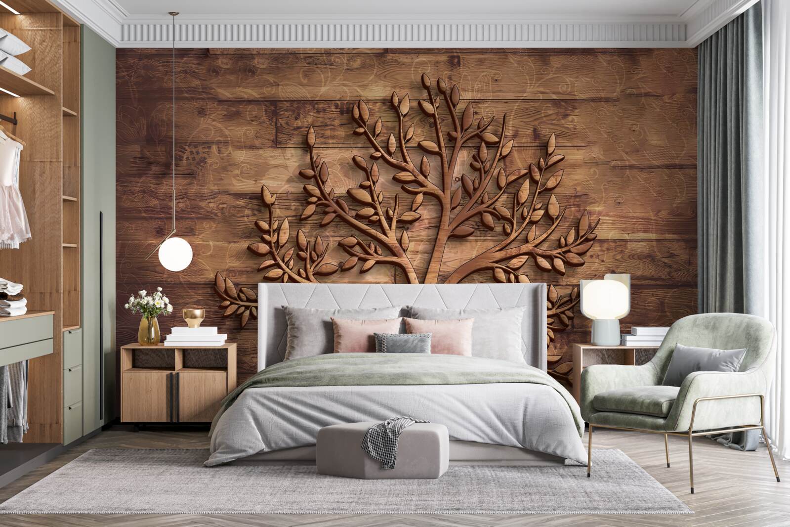 Fototapet copac de foioase pe un fundal de lemn