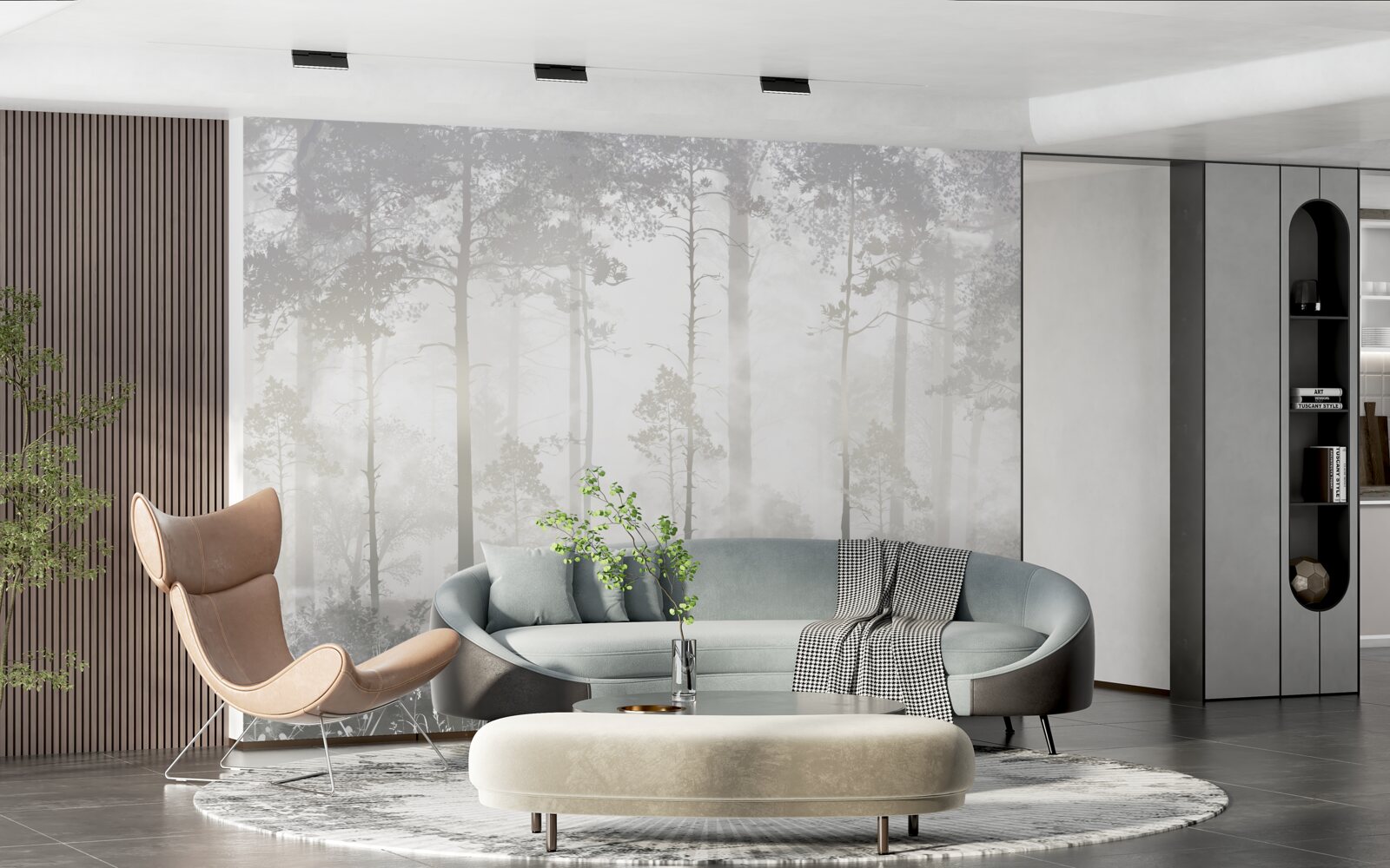 Fototapet Pădurea cețoasă este presărată cu pini înalți, ca într-un basm