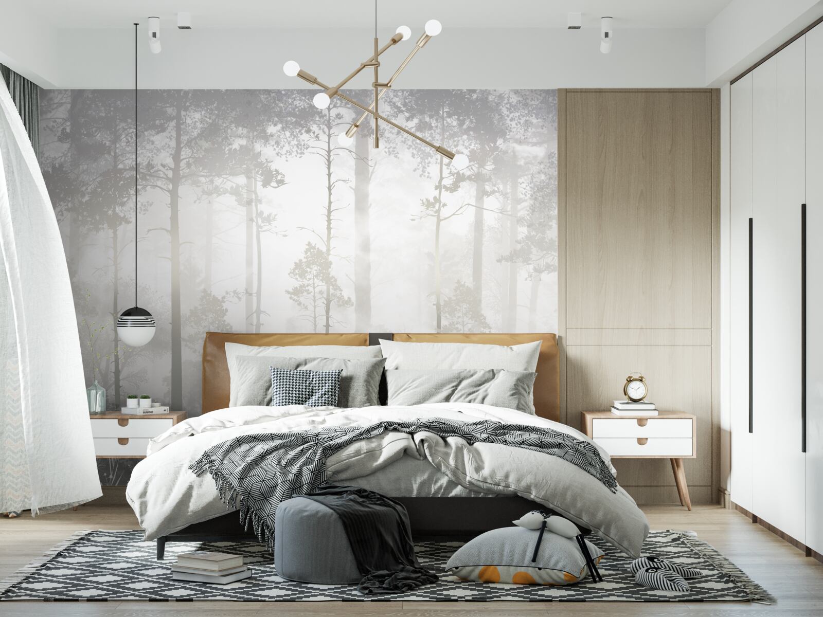 Fototapet Pădurea cețoasă este presărată cu pini înalți, ca într-un basm