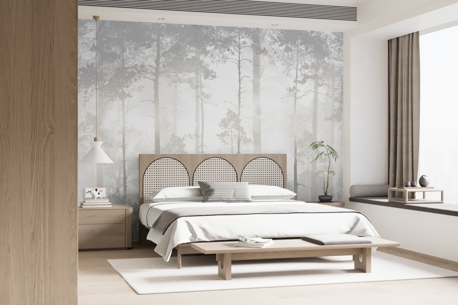 Fototapet Pădurea cețoasă este presărată cu pini înalți, ca într-un basm