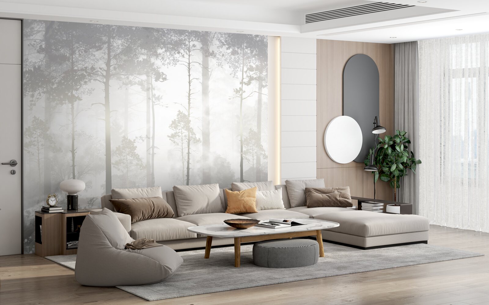 Fototapet Pădurea cețoasă este presărată cu pini înalți, ca într-un basm