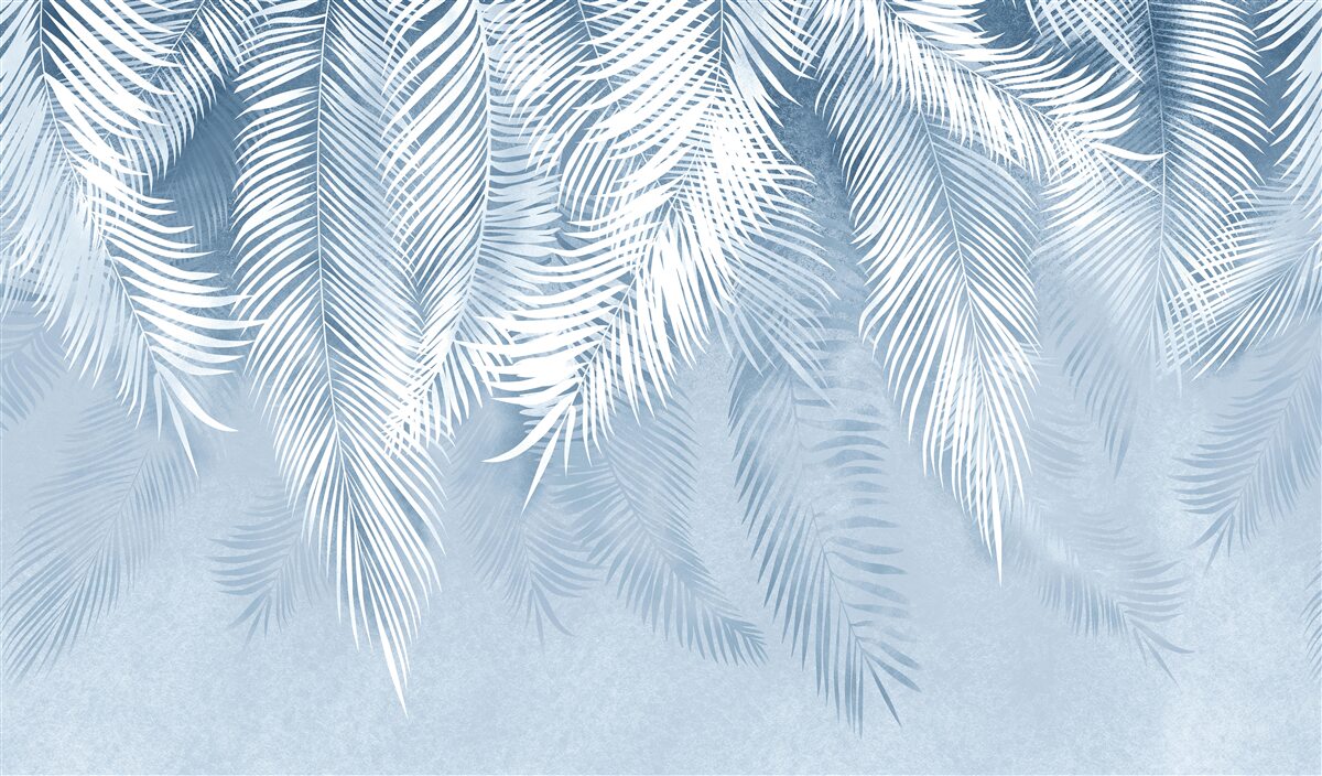 Fototapet pene albe și albastre pe frunze de iarnă