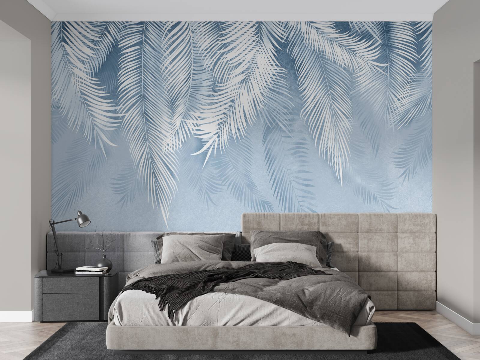 Fototapet pene albe și albastre pe frunze de iarnă