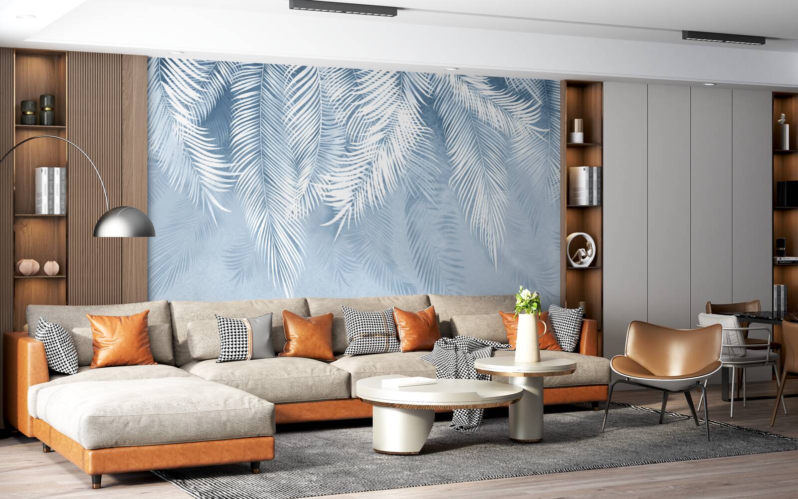 Fototapet pene albe și albastre pe frunze de iarnă