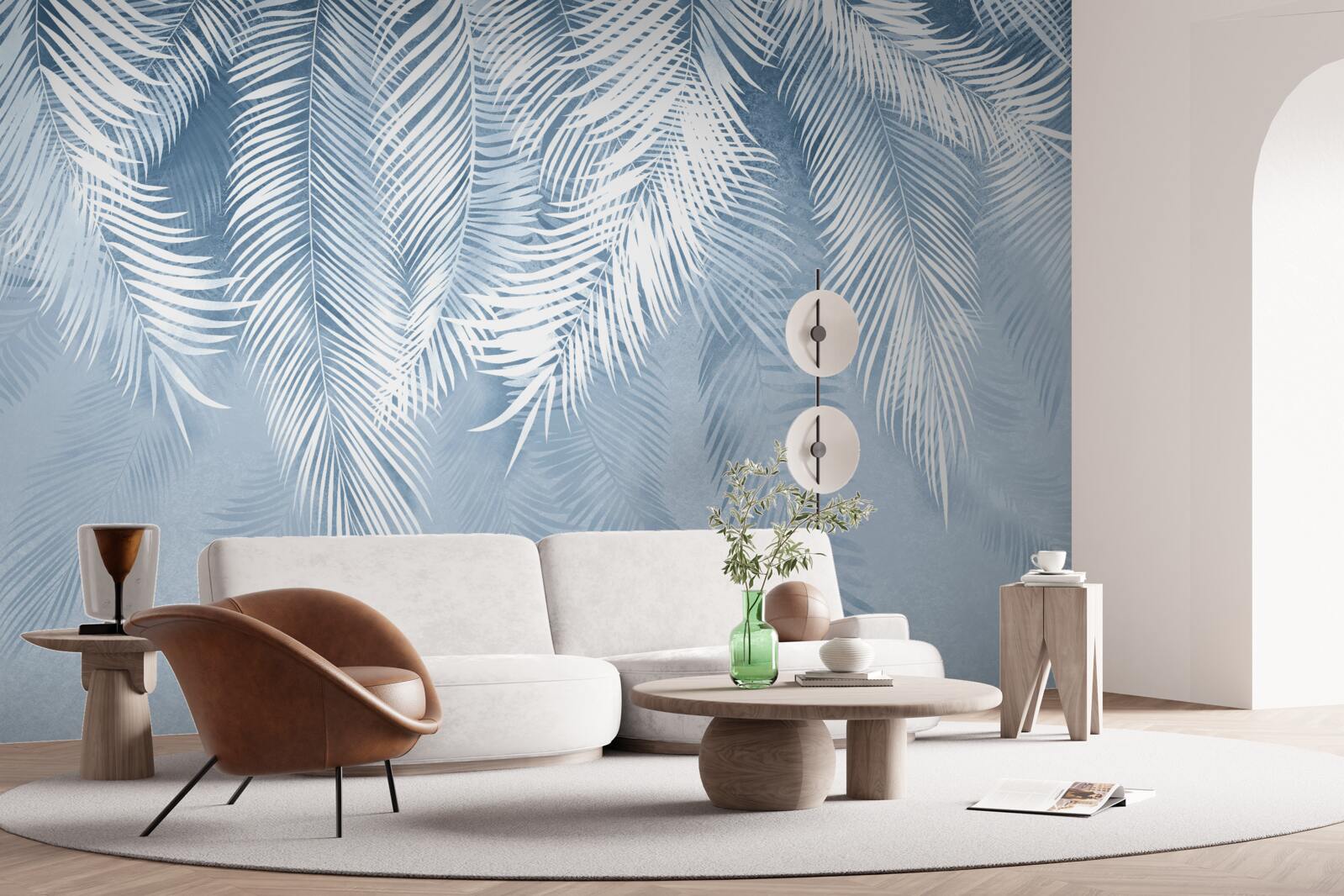 Fototapet pene albe și albastre pe frunze de iarnă