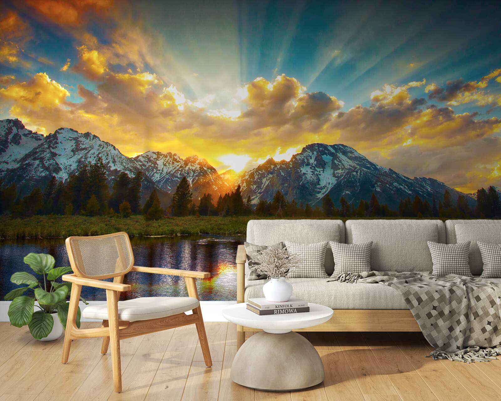 Fototapet apus de soare magic peste un râu de munte înalt