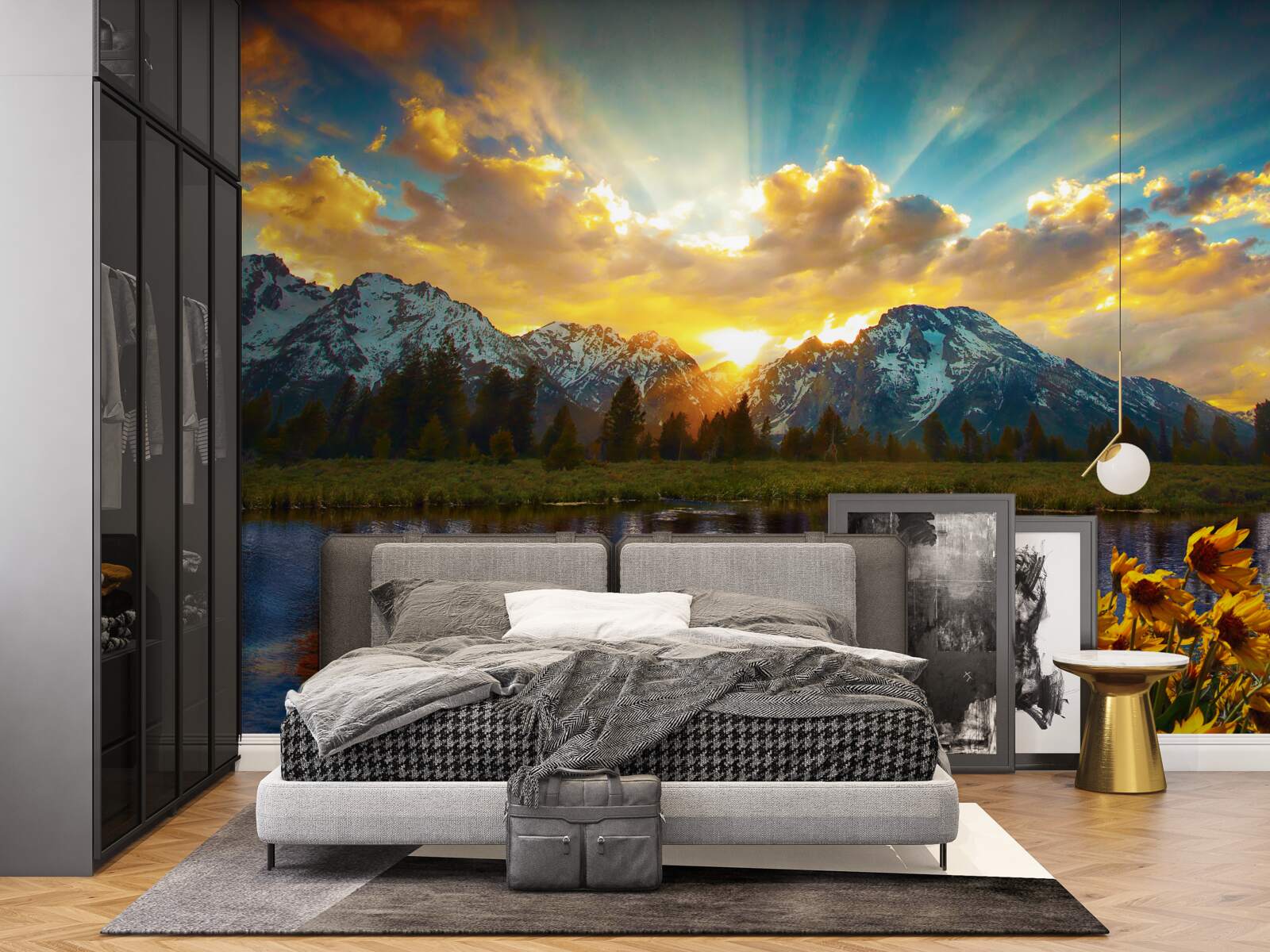 Fototapet apus de soare magic peste un râu de munte înalt