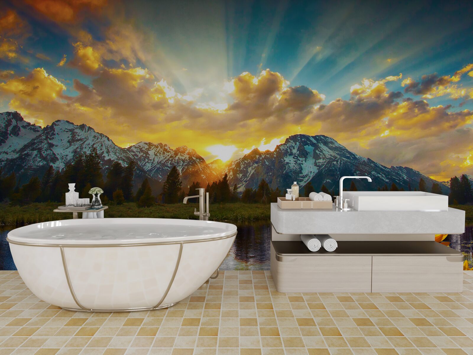 Fototapet apus de soare magic peste un râu de munte înalt