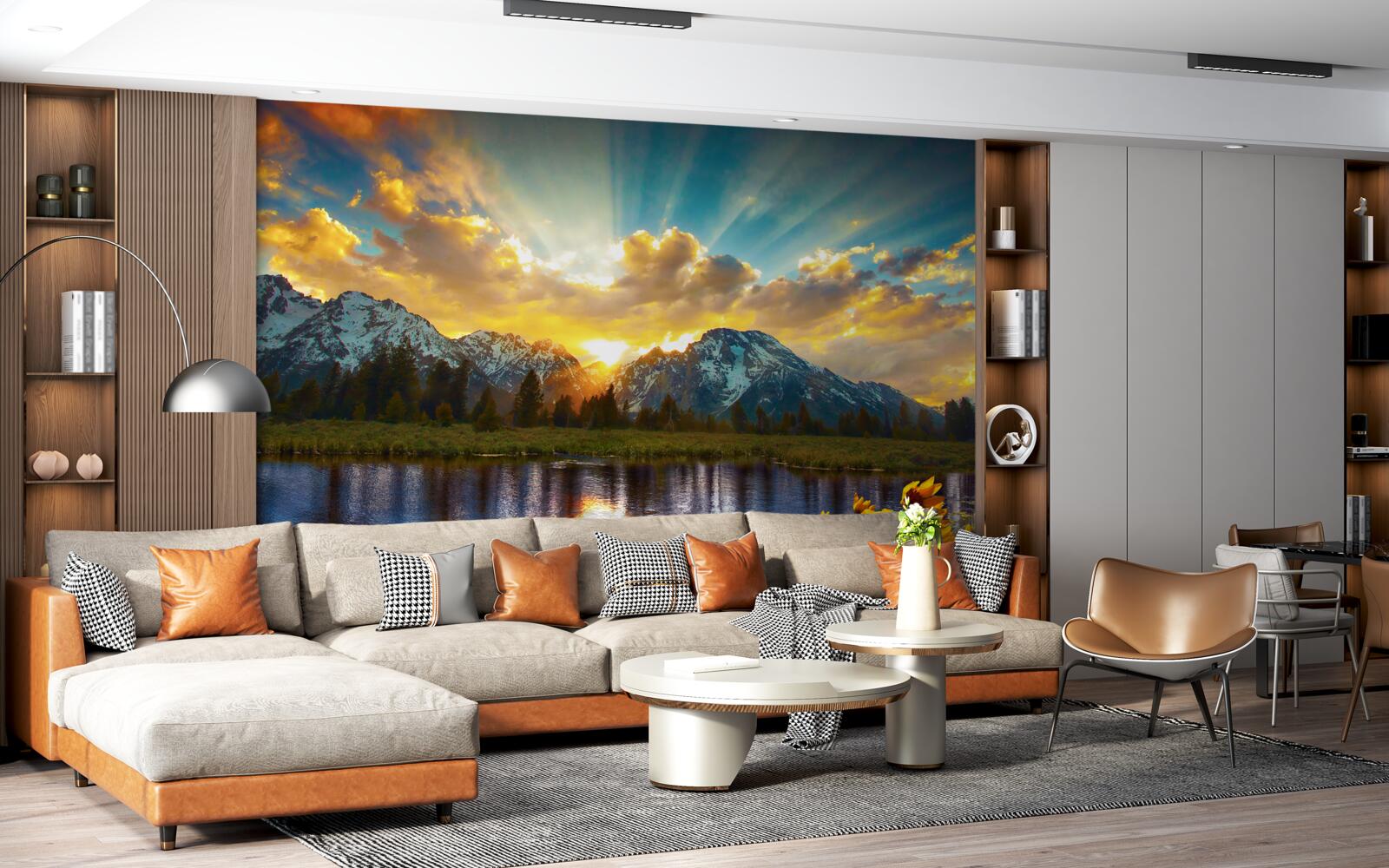 Fototapet apus de soare magic peste un râu de munte înalt