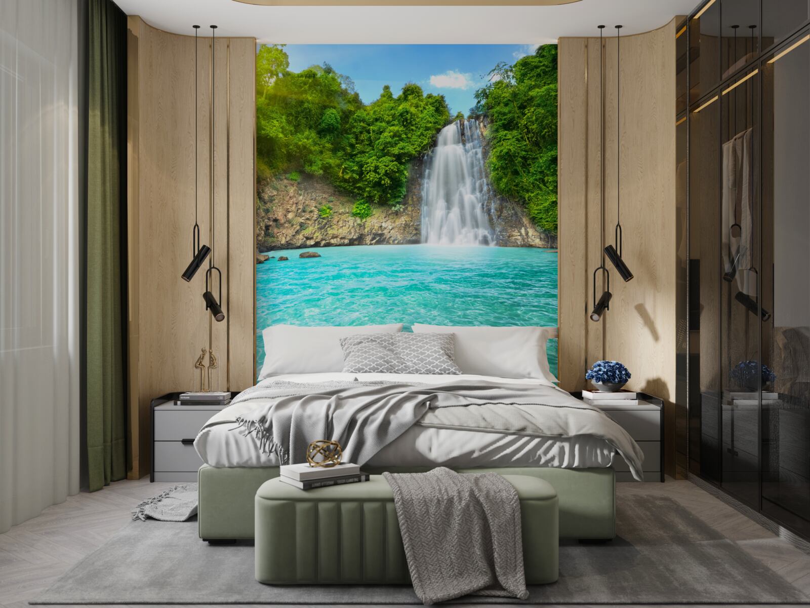 Fototapet apele unei cascade de munte, clare ca cristalul, în deșert