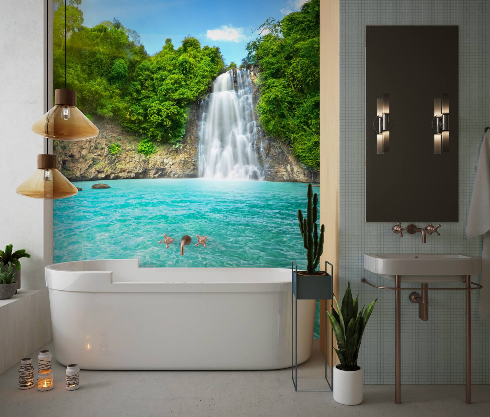 Fototapet apele unei cascade de munte, clare ca cristalul, în deșert