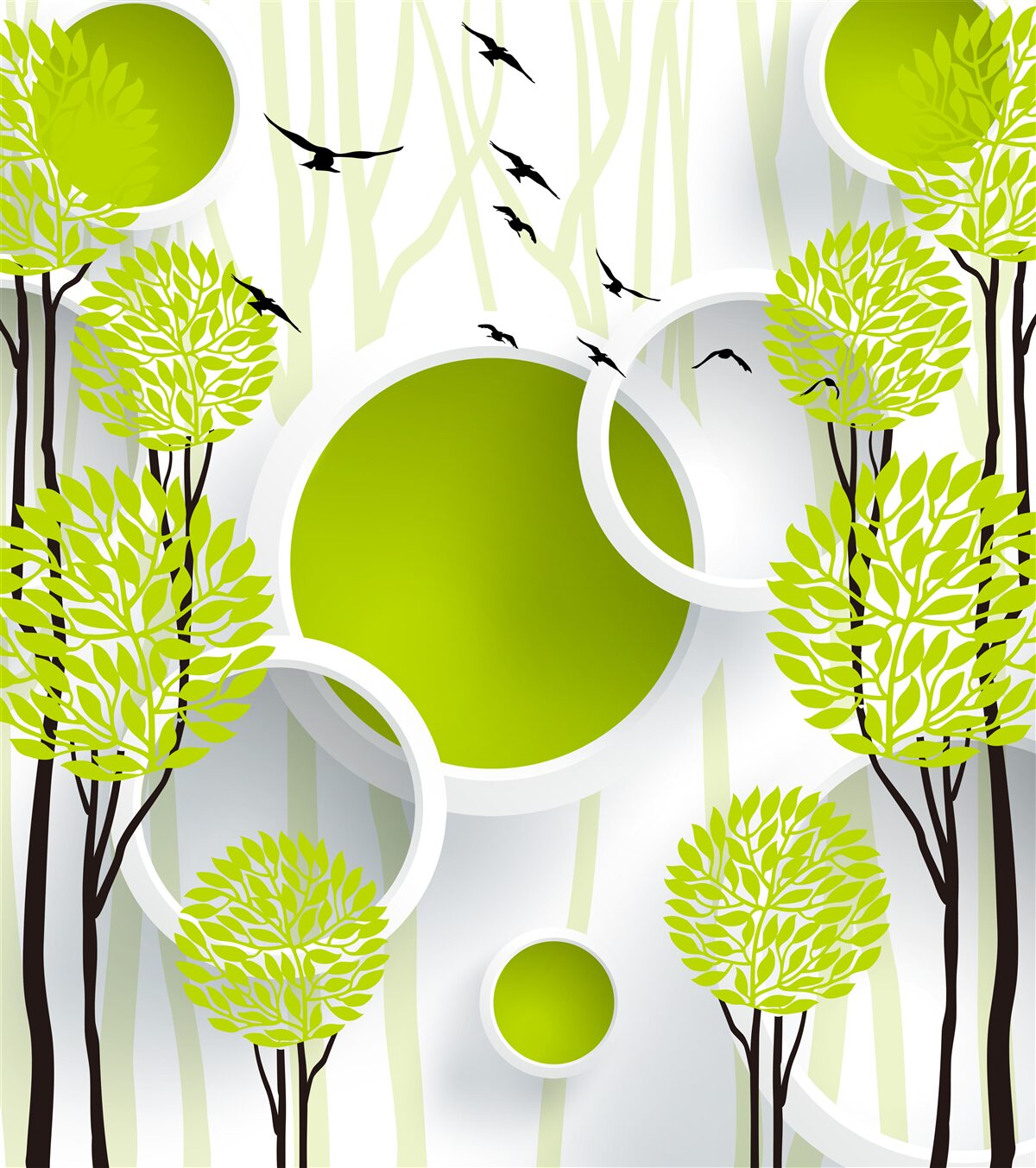 Fototapet copaci sub păsări zburătoare