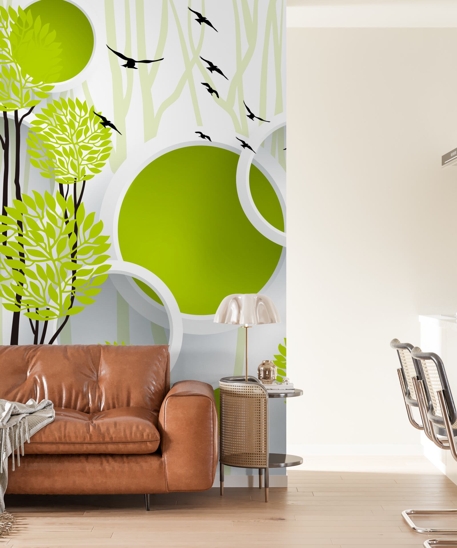 Fototapet copaci sub păsări zburătoare