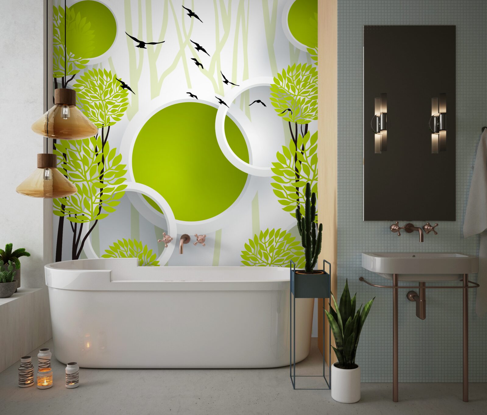 Fototapet copaci sub păsări zburătoare