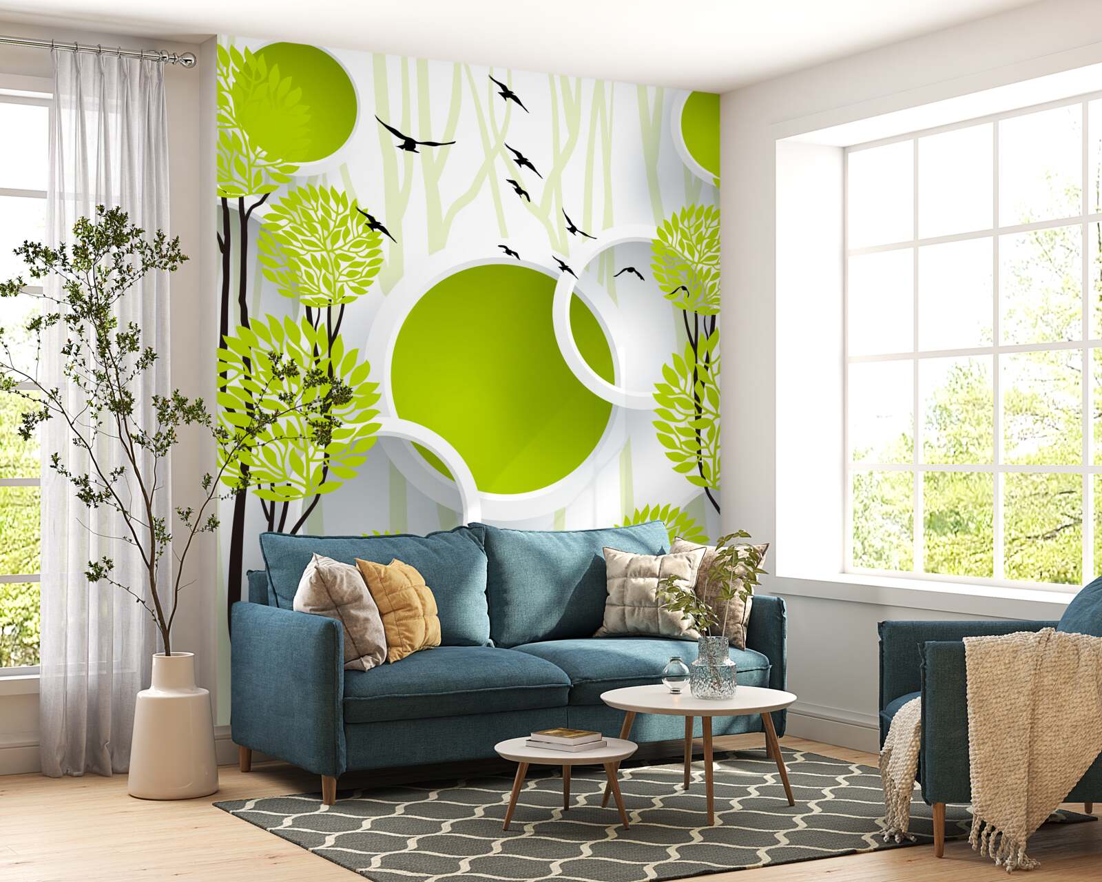 Fototapet copaci sub păsări zburătoare