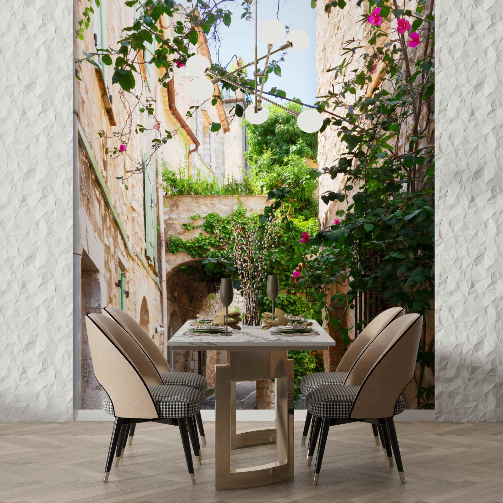 Fototapet stradă veche îngustă decorată cu plante vii