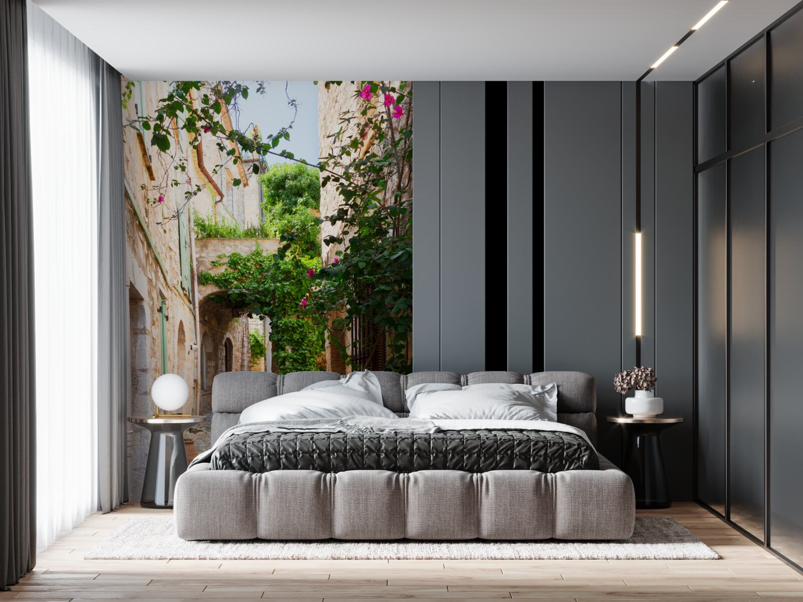 Fototapet stradă veche îngustă decorată cu plante vii