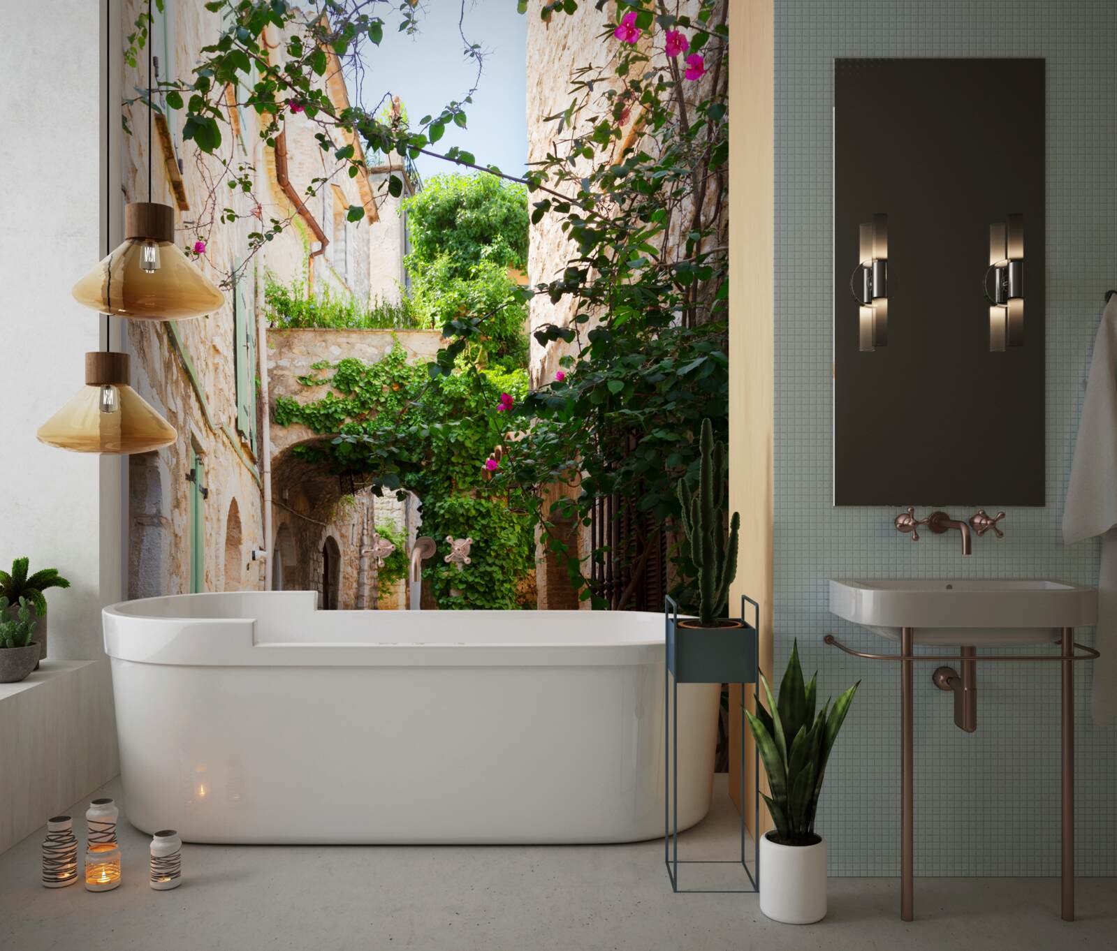 Fototapet stradă veche îngustă decorată cu plante vii