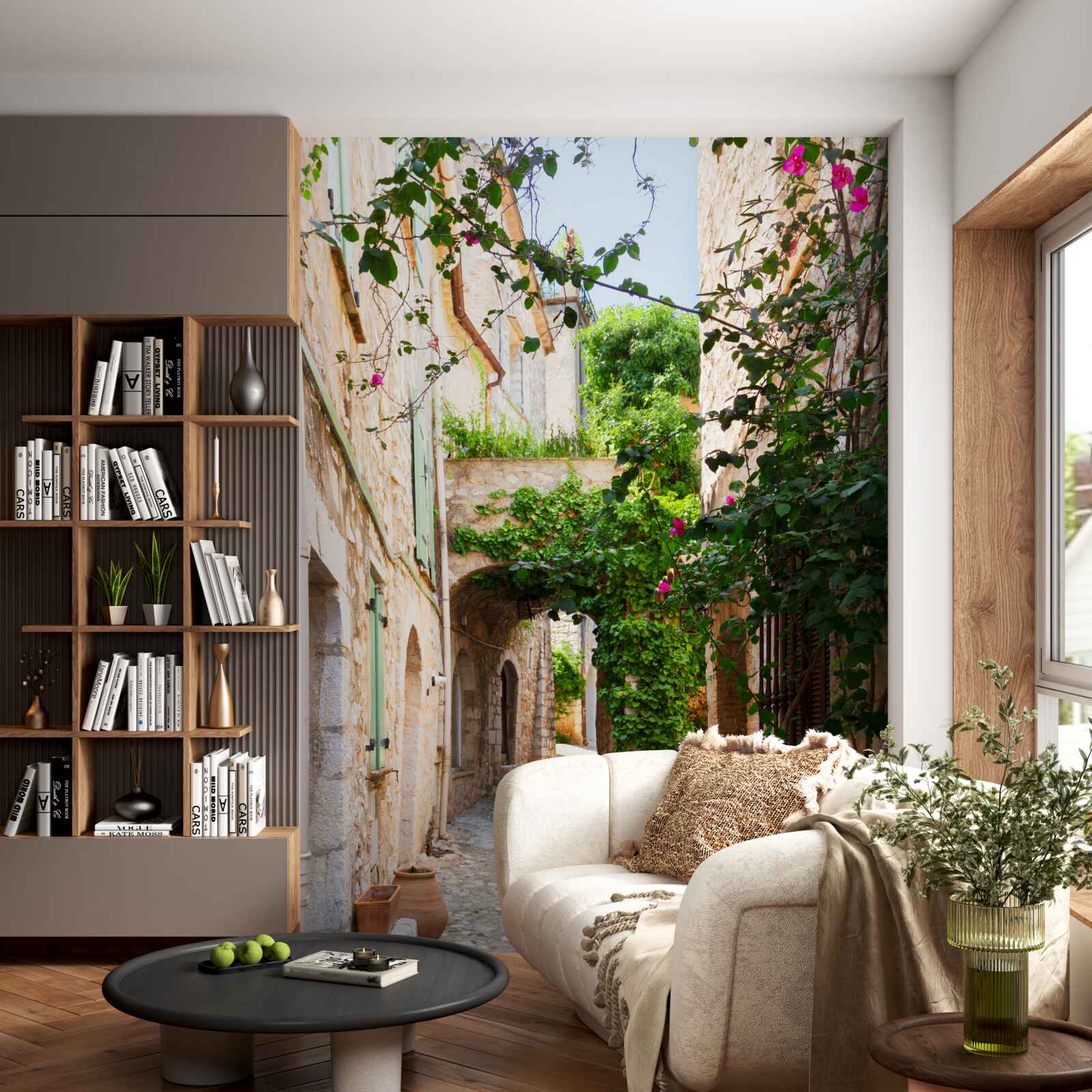 Fototapet stradă veche îngustă decorată cu plante vii