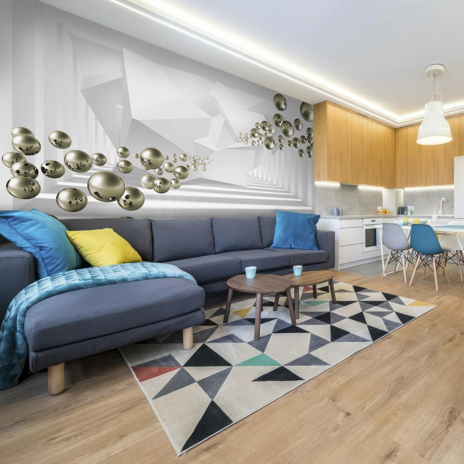 Fototapet tunel abstract în care perlele de aur zboară