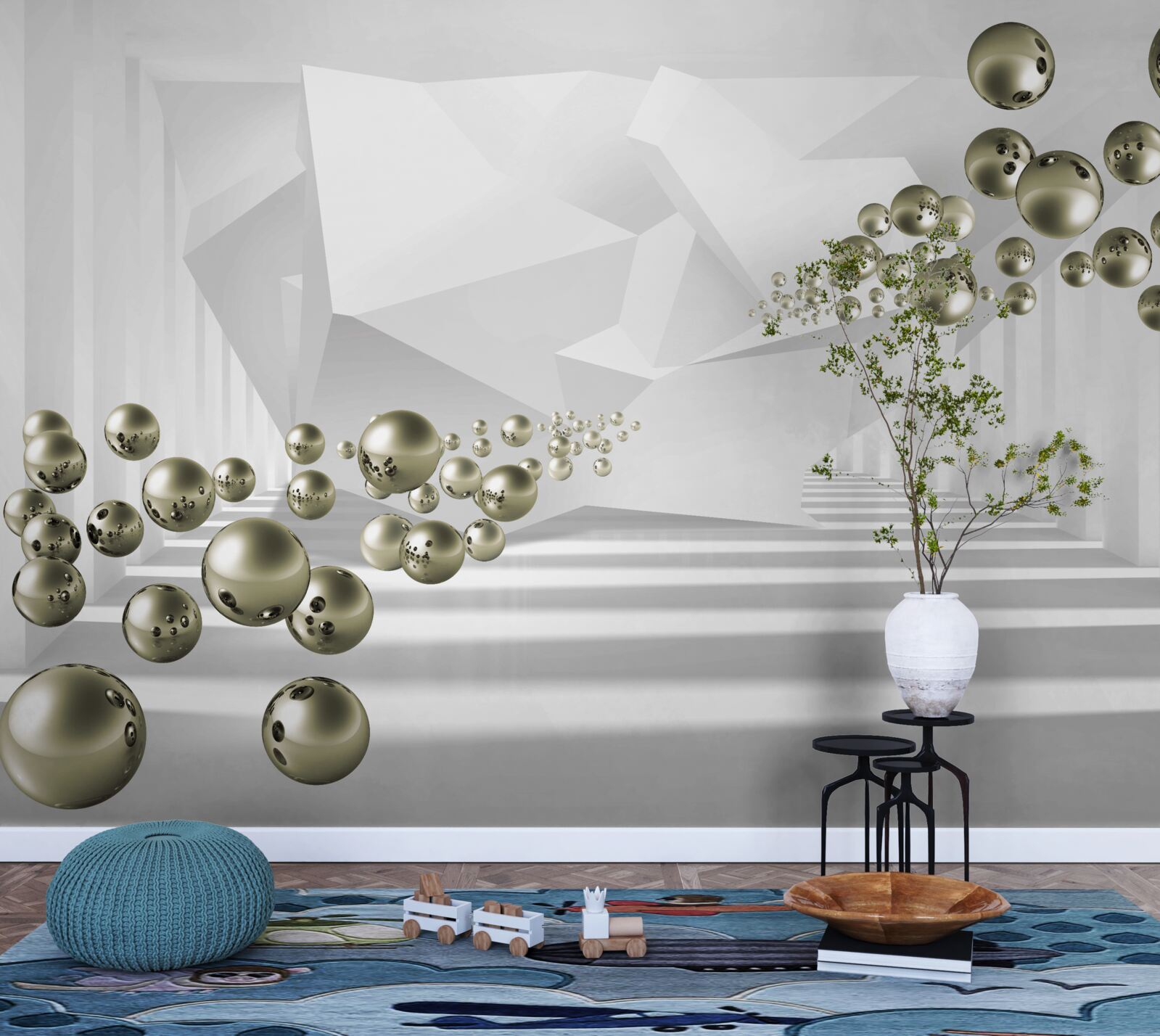 Fototapet tunel abstract în care perlele de aur zboară