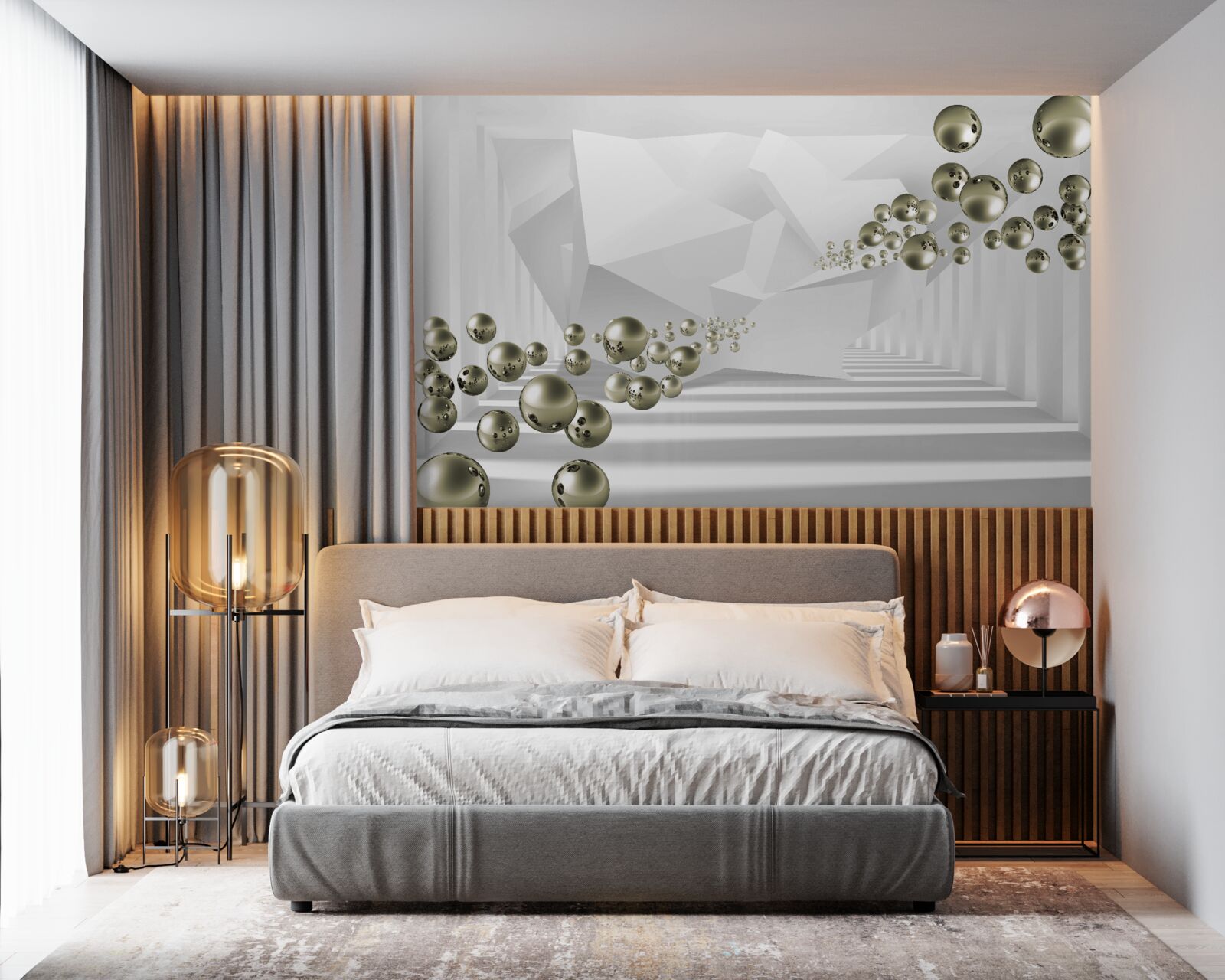 Fototapet tunel abstract în care perlele de aur zboară