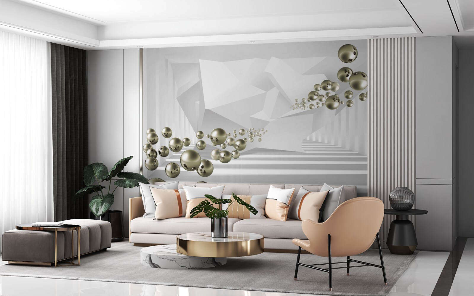 Fototapet tunel abstract în care perlele de aur zboară