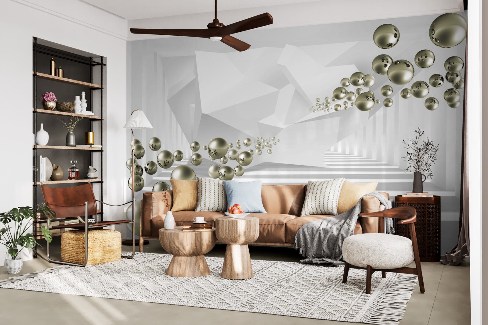 Fototapet tunel abstract în care perlele de aur zboară