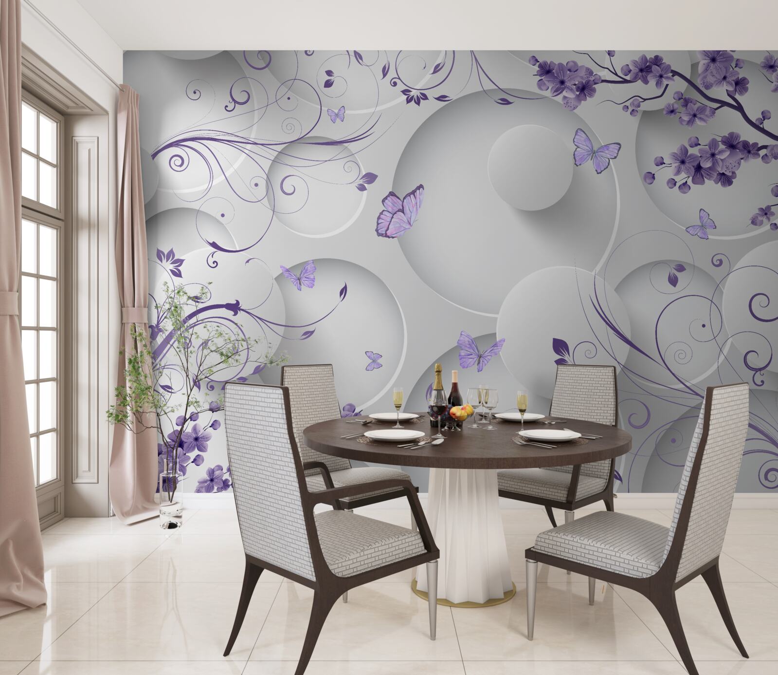 Fototapet fluturi și flori mov