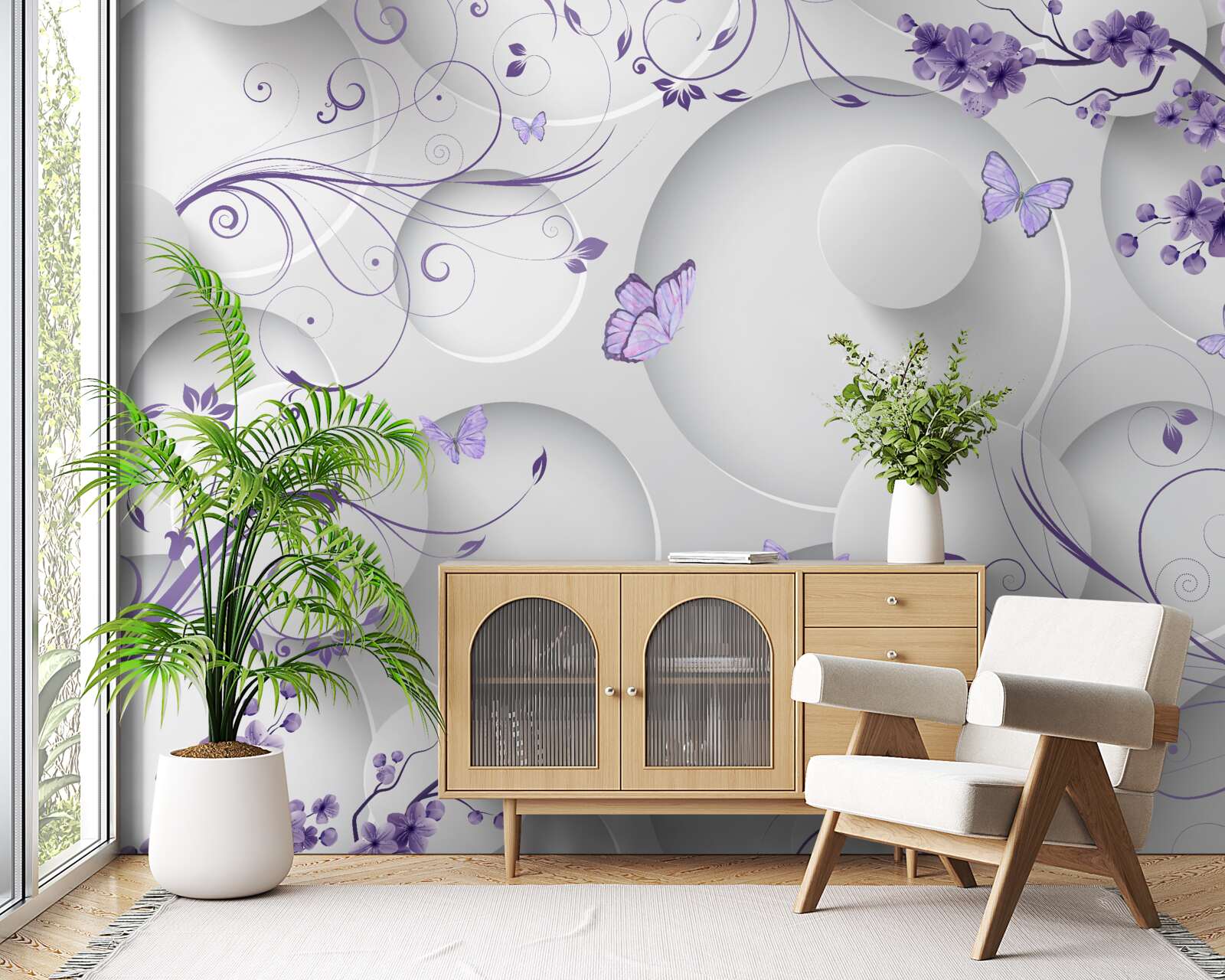 Fototapet fluturi și flori mov