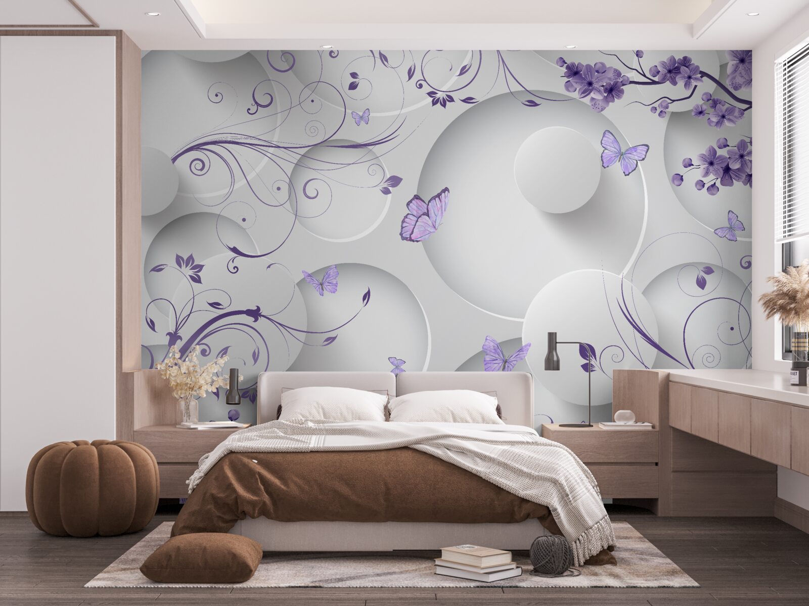 Fototapet fluturi și flori mov