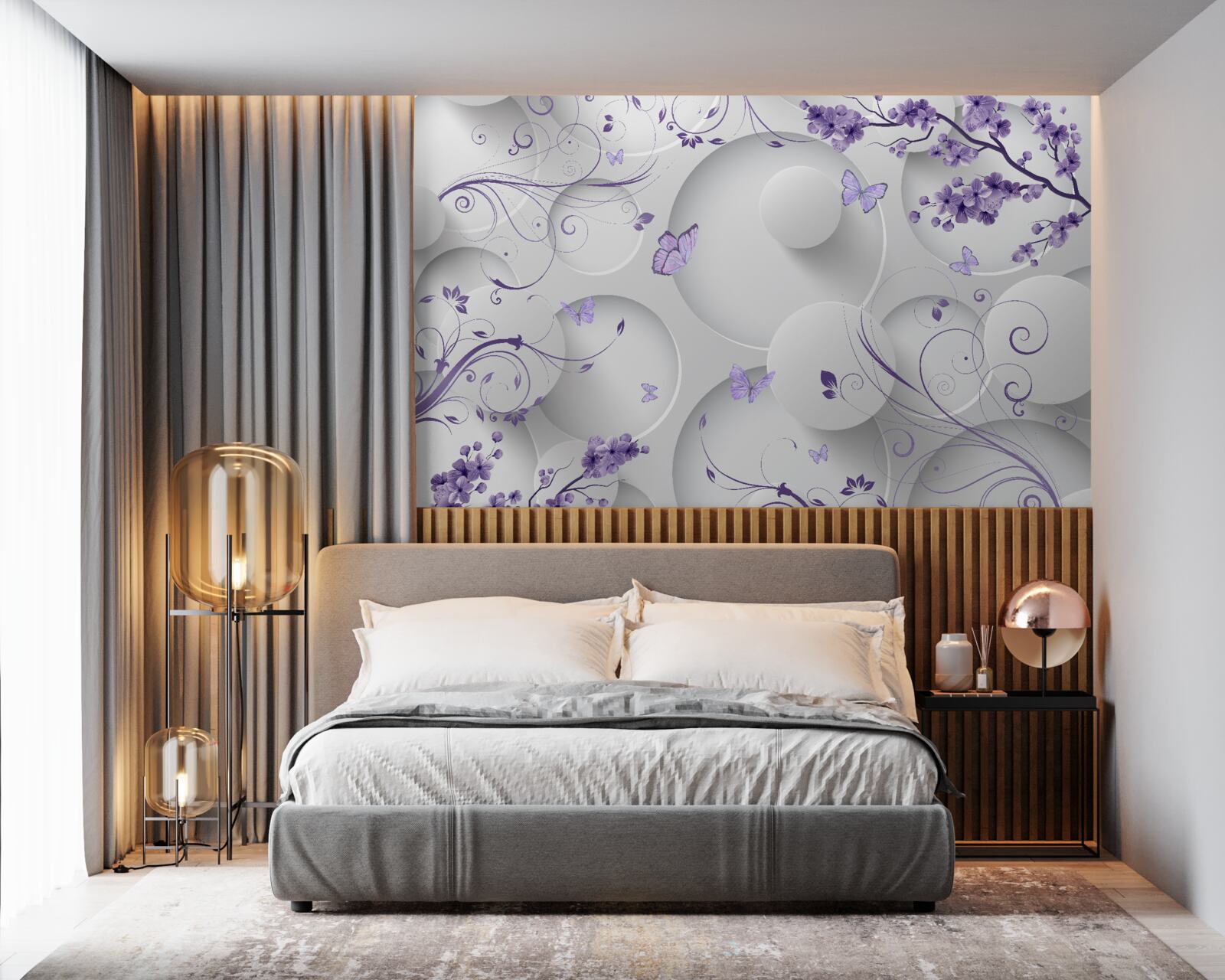 Fototapet fluturi și flori mov