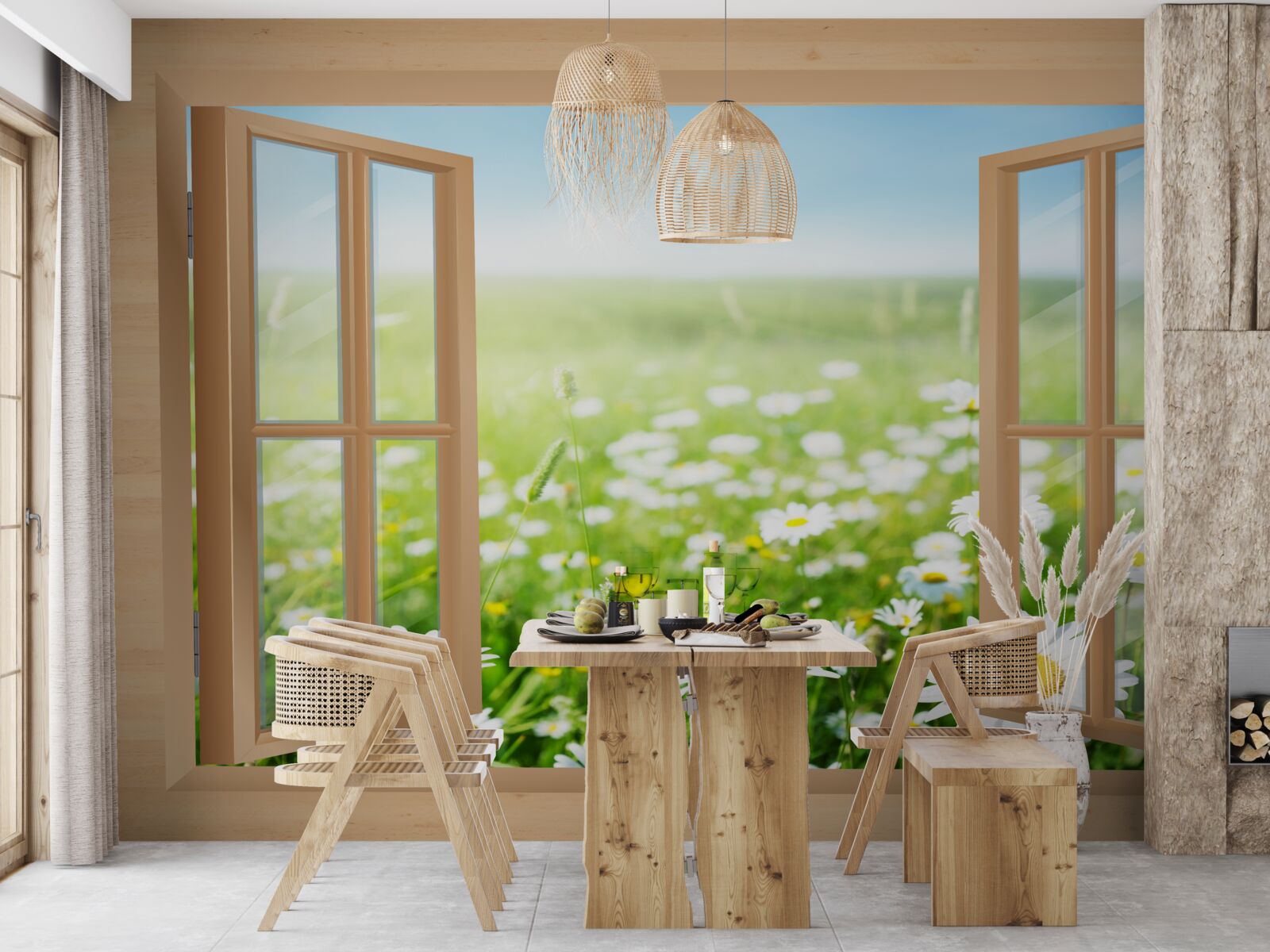 Fototapet vedere a câmpului de mușețel de la fereastră