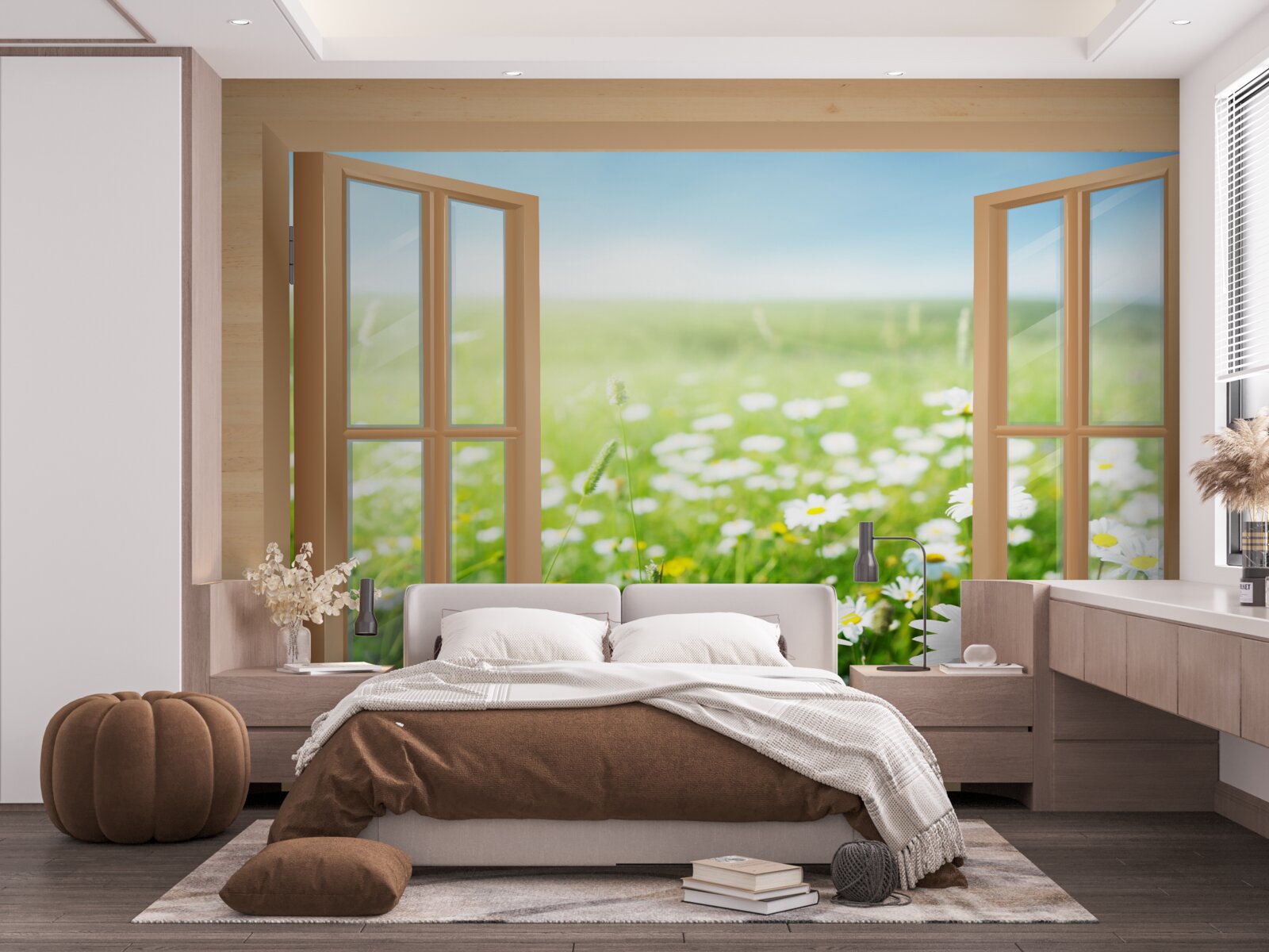 Fototapet vedere a câmpului de mușețel de la fereastră