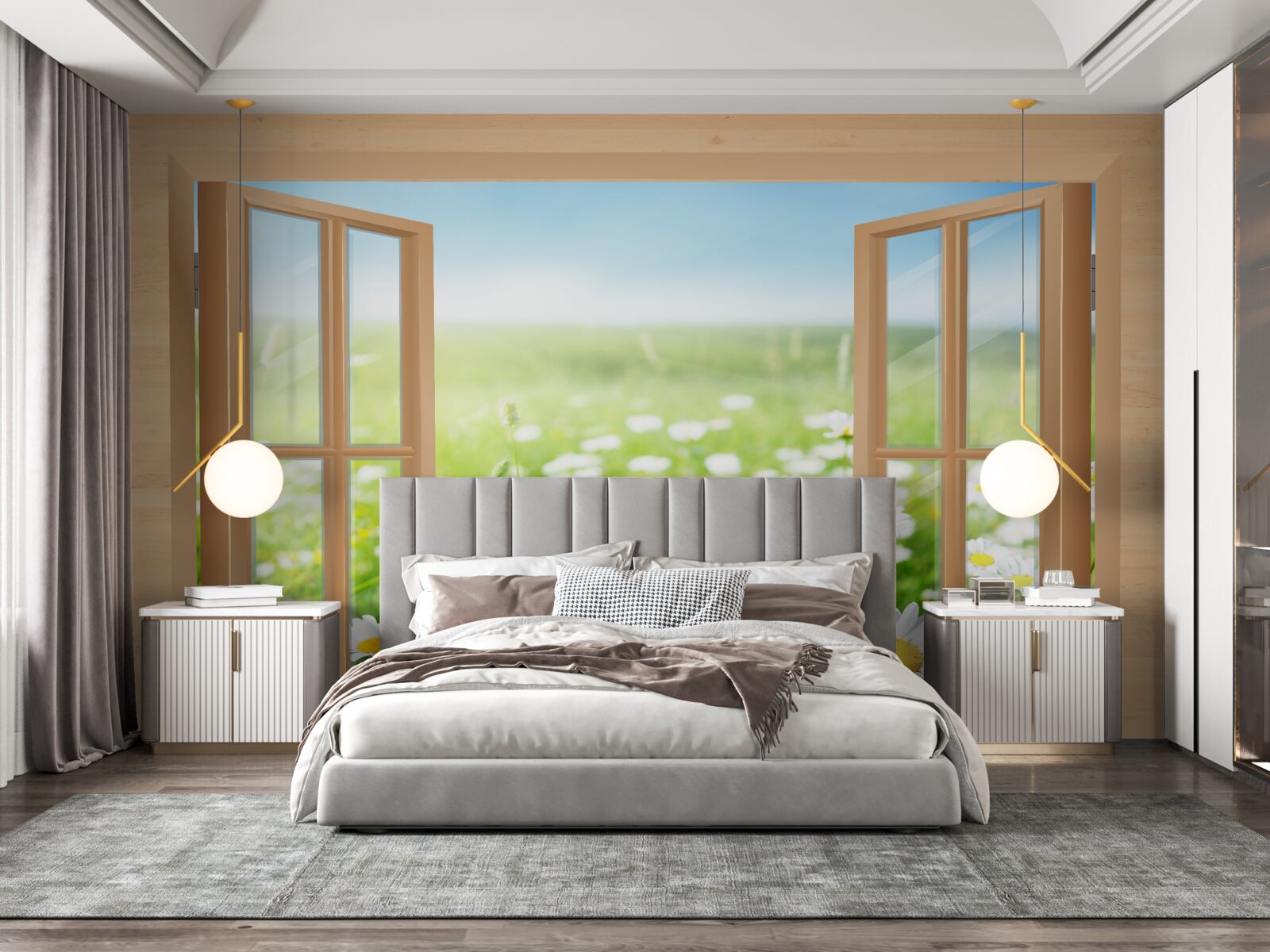 Fototapet vedere a câmpului de mușețel de la fereastră