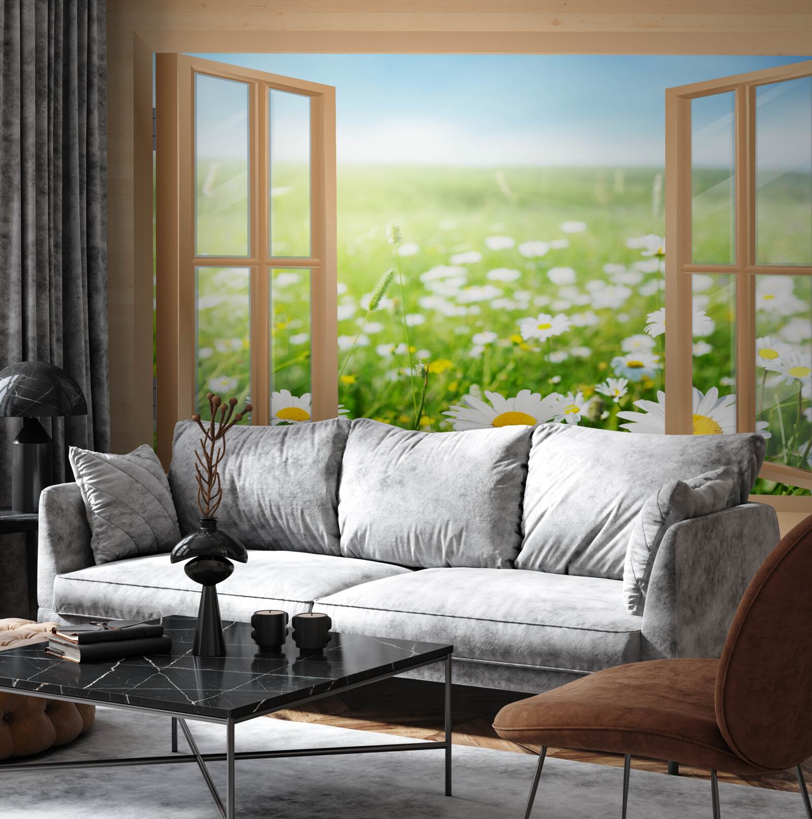 Fototapet vedere a câmpului de mușețel de la fereastră