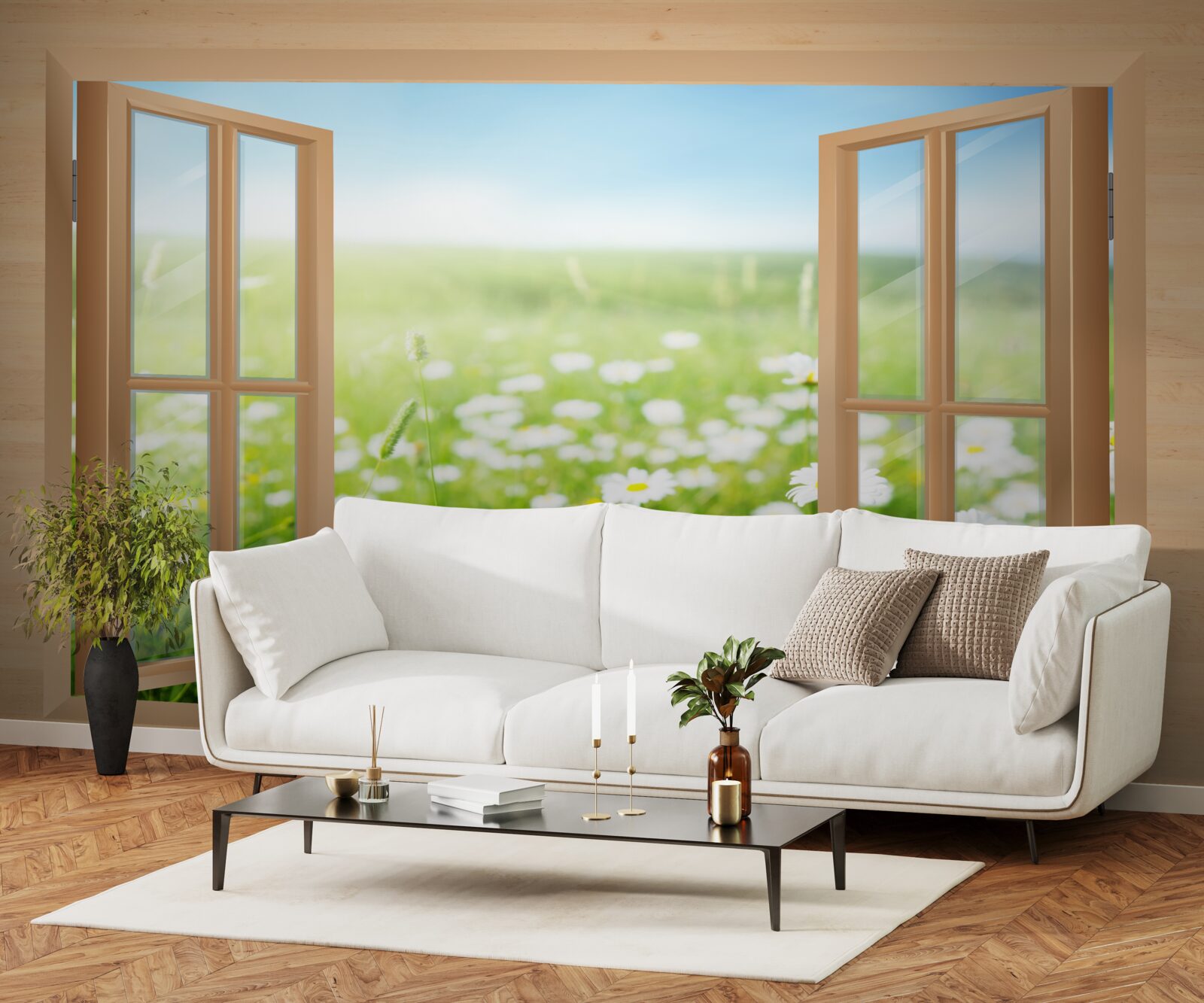 Fototapet vedere a câmpului de mușețel de la fereastră